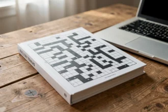 Livre de mots croisés posé à côté d'un ordinateur portable