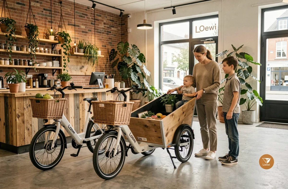 Conseillère Loewi présentant un vélo cargo électrique à une famille dans le showroom