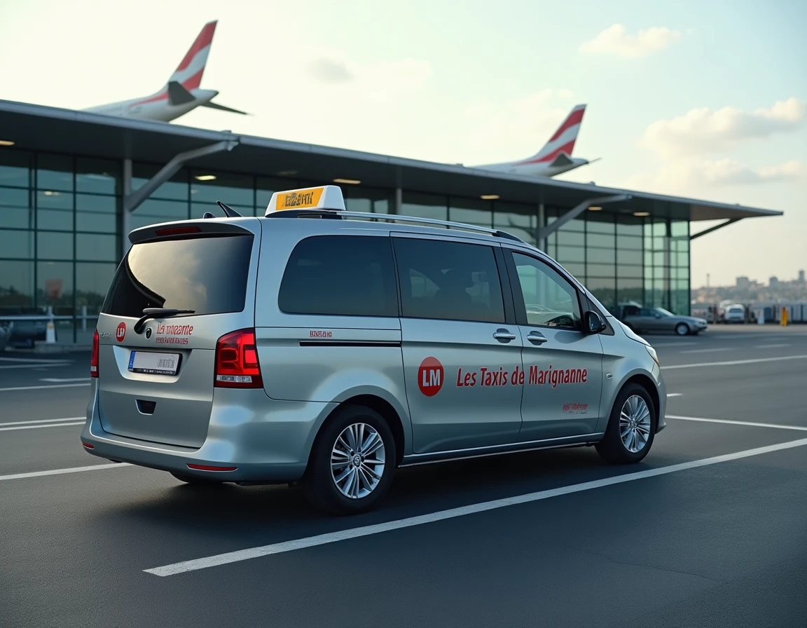 Minivan de la compagnie LTM Les Taxis de Marignane garé devant le terminal de l'aéroport Marseille Provence