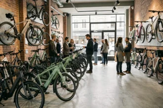 Intérieur d'un magasin de vélos électriques dans les Hauts-de-France avec des clients et des vélos exposés