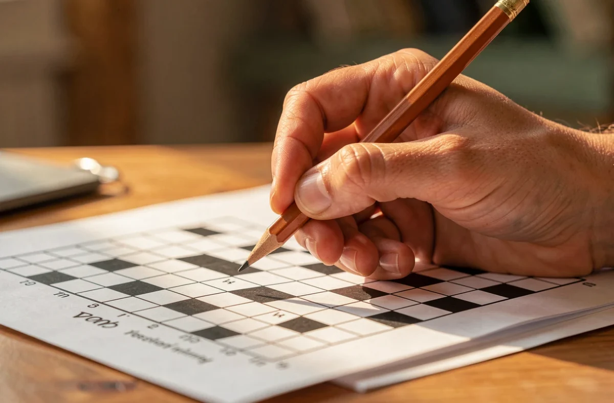 Main avec un crayon au-dessus d'une grille de mots croisés