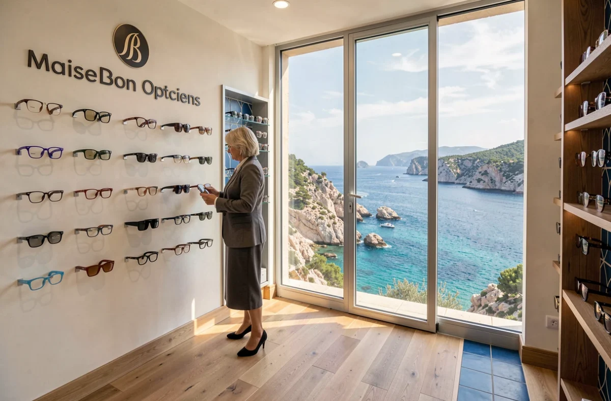Intérieur de la Maison Belon Opticiens sur la Côte Vermeille avec une cliente élégante et une vue panoramique sur la Méditerranée en arrière-plan