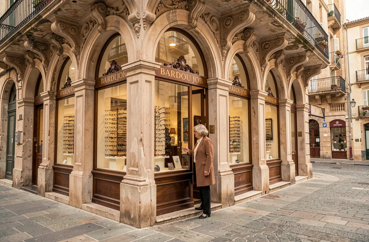 Façade historique de la Maison Chanard opticien sur la place Bardou Job à Perpignan, devanture ancienne avec vitrines de lunettes élégantes