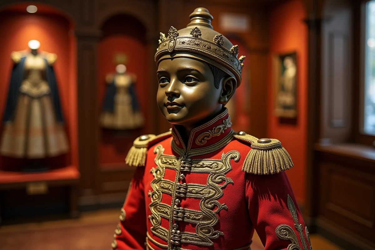 Manneken-Pis habillé d'un costume cérémoniel brodé exposé au musée GardeRobe MannekenPis à Bruxelles, détail des tissus et ornements miniatures