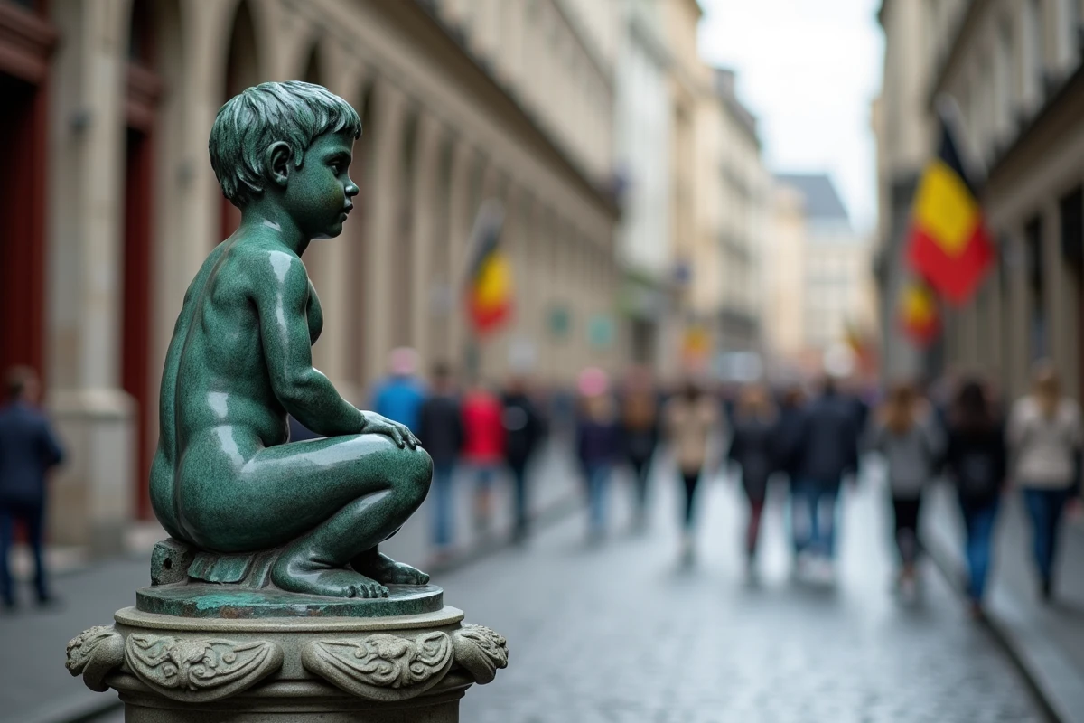 Statue du Manneken-Pis en bronze à Bruxelles sur son piédestal en pierre, vue en contre-plongée avec pavés anciens et façades historiques en arrière-plan