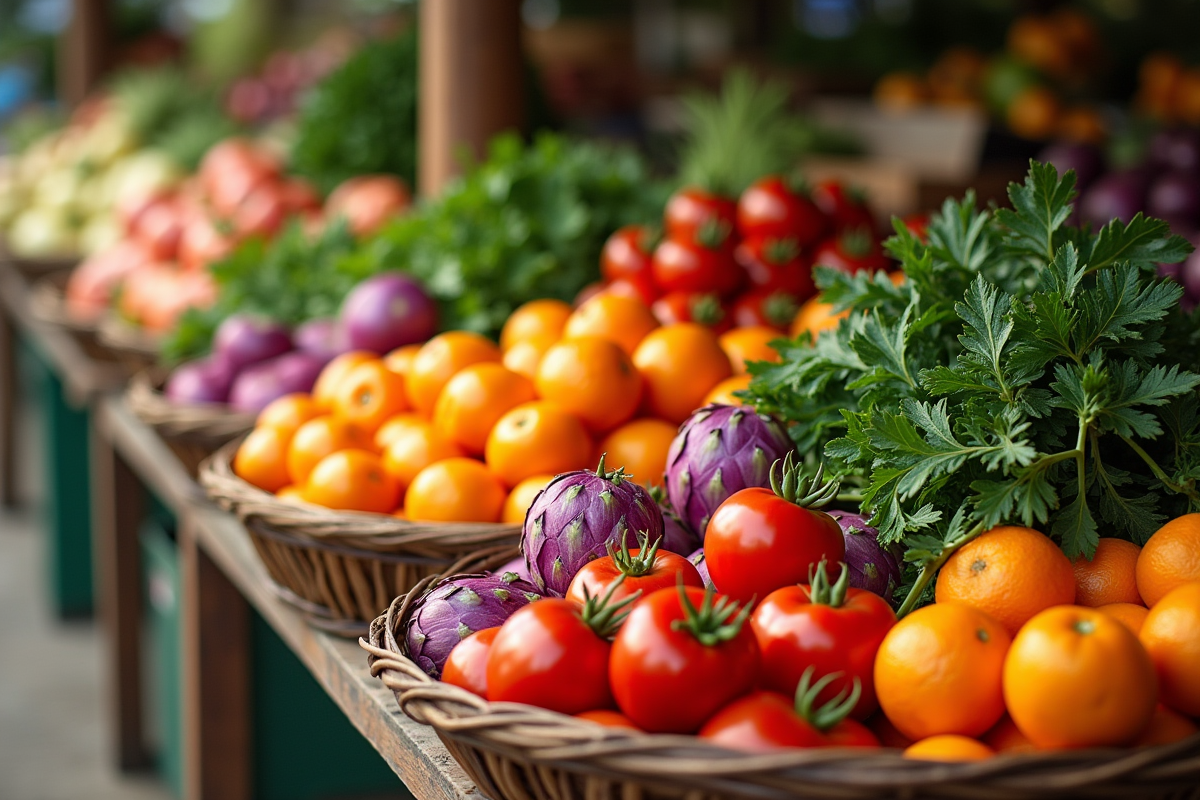 Marché de fruits et légumes avec tomates violettes et oranges Valencia