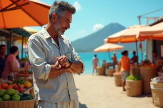 Homme réunionnais regardant sa montre au marché coloré