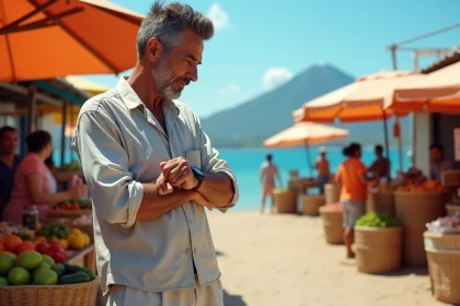 Homme réunionnais regardant sa montre au marché coloré