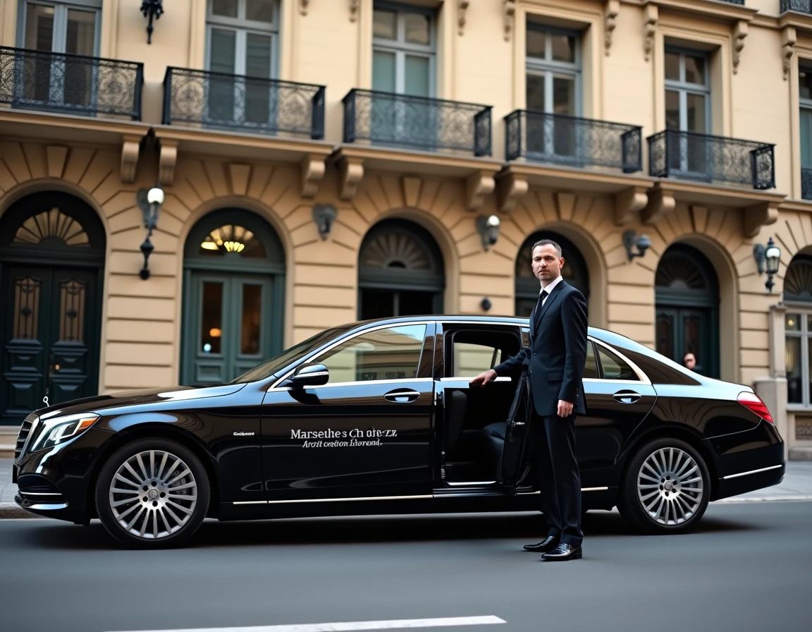 Chauffeur en costume noir de Marseille Chauffeur Service debout devant une berline Mercedes noire garée devant un immeuble haussmannien de Marseille