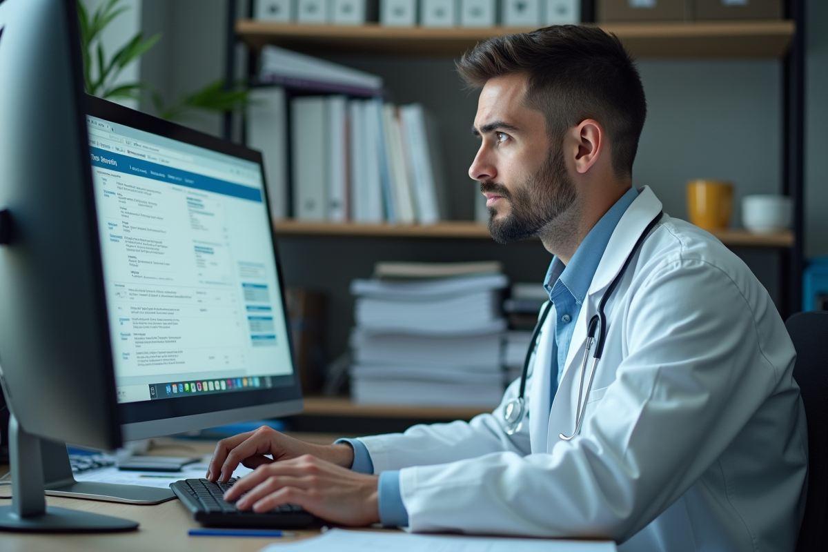 Jeune medecin dans un bureau d hopital avec dossiers
