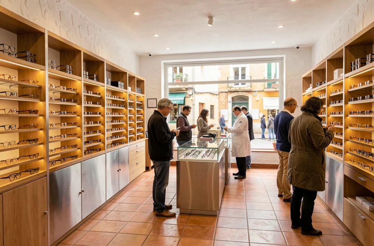 Vue intérieure d'une boutique d'opticien moderne dans les Pyrénées-Orientales avec des présentoirs de lunettes et des clients parcourant les montures