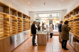 Vue intérieure d'une boutique d'opticien moderne dans les Pyrénées-Orientales avec des présentoirs de lunettes et des clients parcourant les montures
