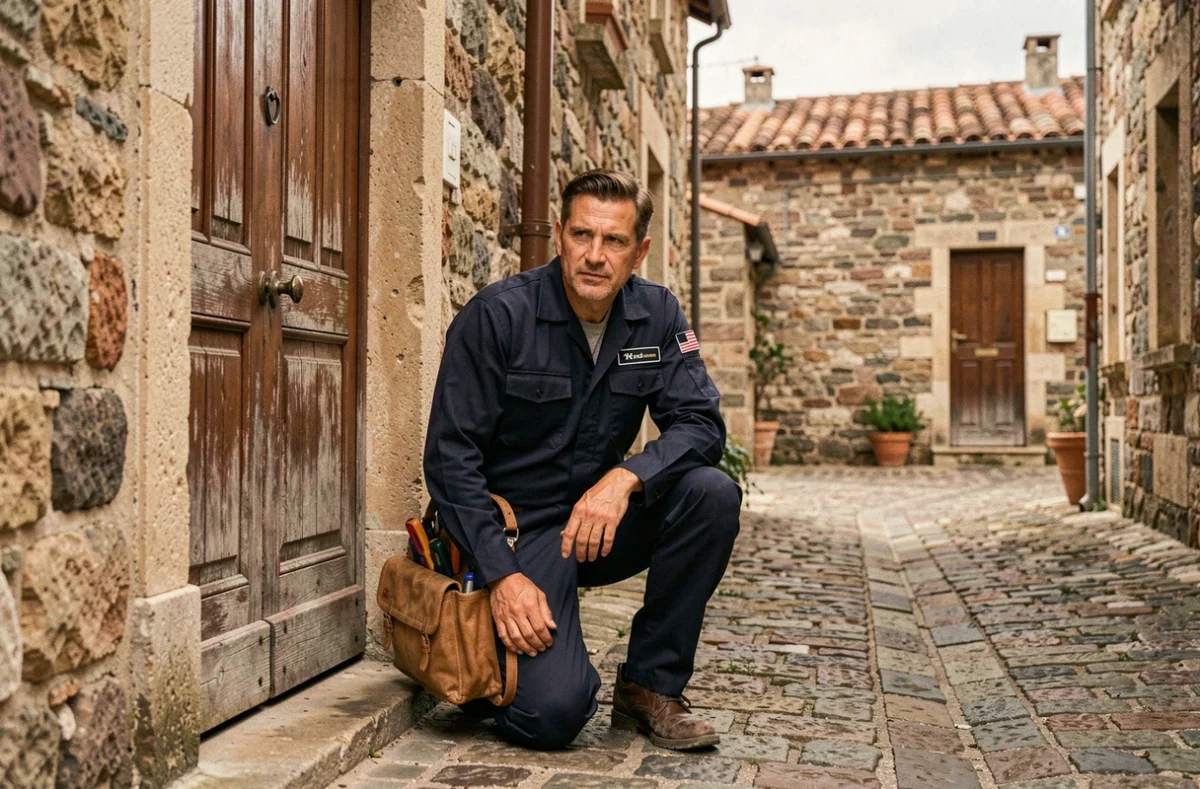 Serrurier professionnel intervenant devant une porte en bois dans une ruelle pittoresque de Corse