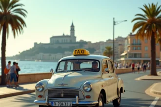 Un taxi classique stationné sur un boulevard de Marseille avec la basilique Notre-Dame de la Garde et la Méditerranée en arrière-plan, illustrant le service de taxi dans les Bouches-du-Rhône