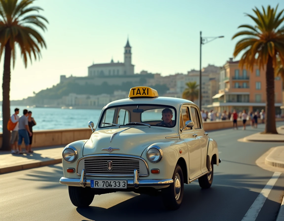 Un taxi classique stationné sur un boulevard de Marseille avec la basilique Notre-Dame de la Garde et la Méditerranée en arrière-plan, illustrant le service de taxi dans les Bouches-du-Rhône