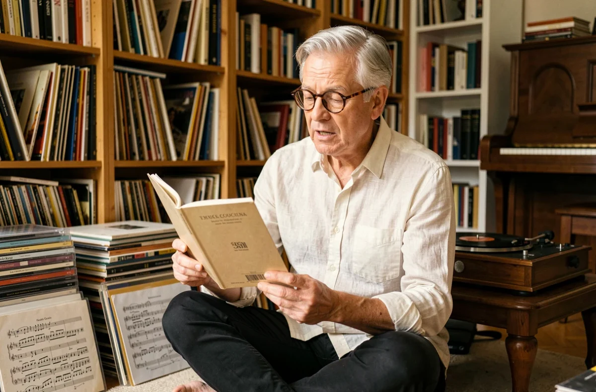 Mélomane âgé consultant des albums de piano classique dans une bibliothèque personnelle entourée de vinyles et partitions musicales