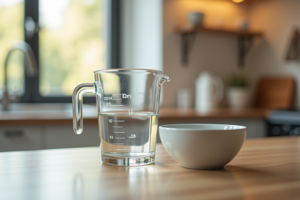 Prise de vue macro d'un verre doseur de cuisine rempli à 50 ml
