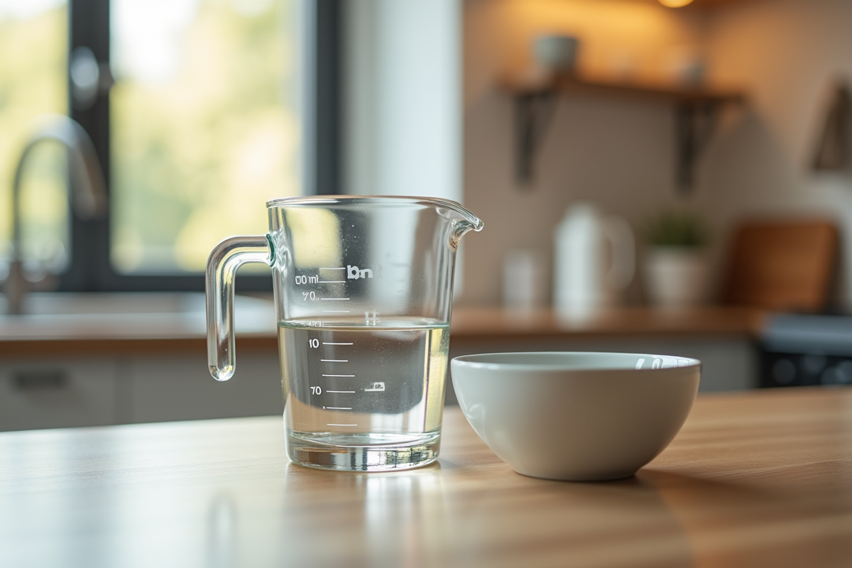 Prise de vue macro d'un verre doseur de cuisine rempli à 50 ml
