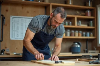 Homme mesurant une planche en bois avec un mètre ruban dans un atelier DIY, tableau de conversion pouces cm affiché au mur