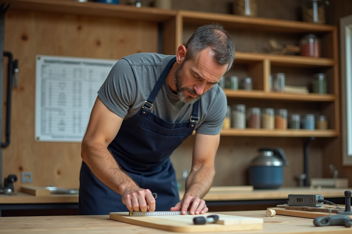 Homme mesurant une planche en bois avec un mètre ruban dans un atelier DIY, tableau de conversion pouces cm affiché au mur