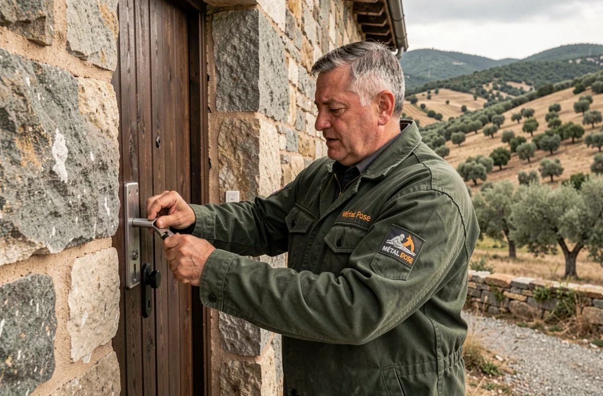 Serrurier Métal Pose installant une serrure robuste sur la porte d'une ferme en pierre dans la région de Propriano