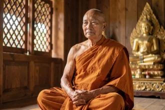 Moine bouddhiste thaïlandais senior portant des robes safran, assis en méditation dans un temple en bois avec statue de Bouddha dorée en arrière-plan