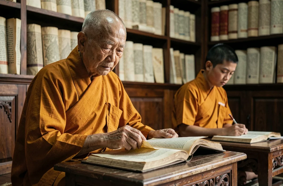 Vieux moine bouddhiste thaïlandais étudiant des manuscrits anciens sur feuilles de palmier dans la bibliothèque d'un monastère traditionnel
