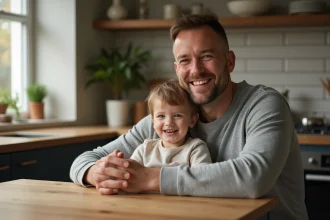 Père et enfant souriants dans une cuisine chaleureuse