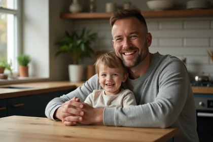 Père et enfant souriants dans une cuisine chaleureuse