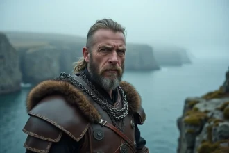 Guerrier viking debout sur une falaise rocheuse surplombant un fjord gris, symbolisant la mort et le destin dans la série Vikings