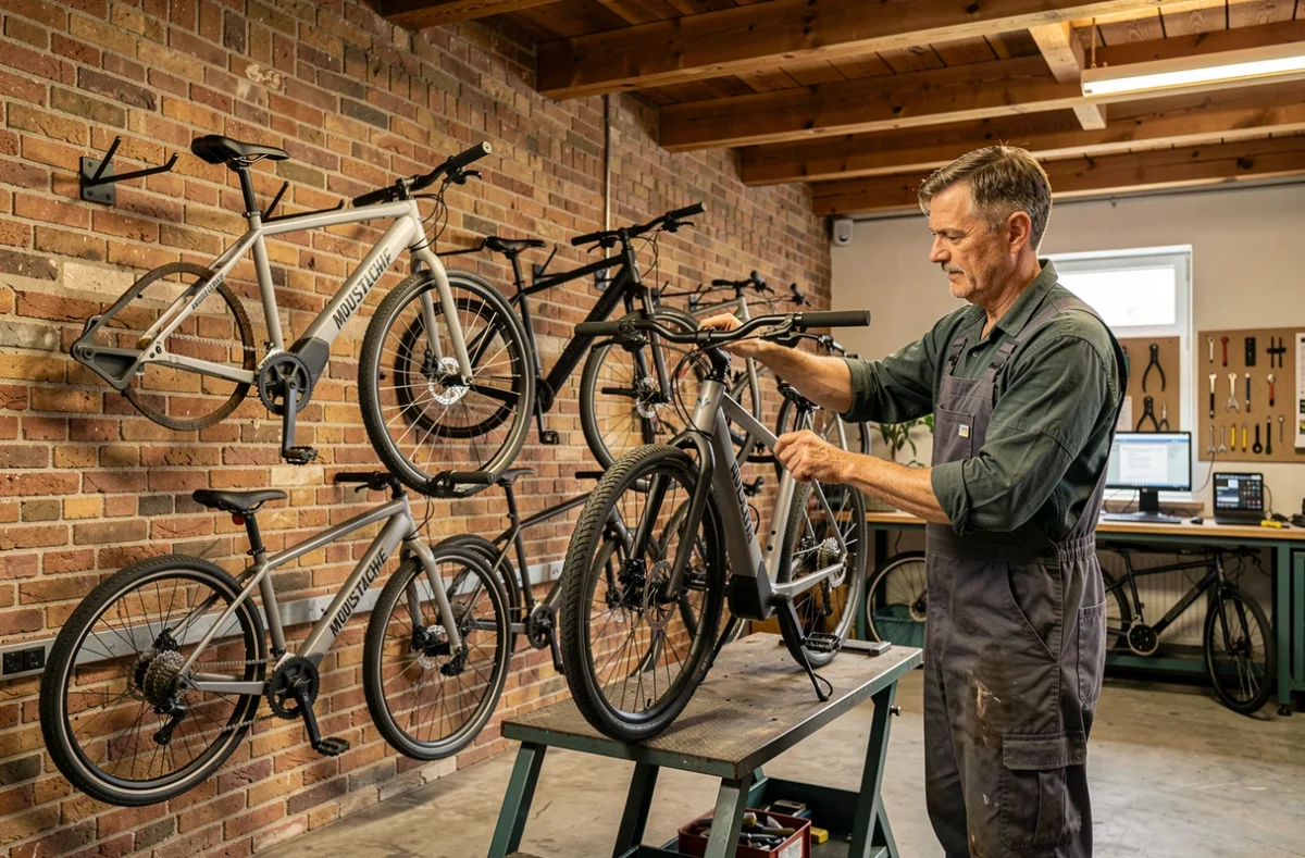 Technicien réglant un vélo électrique Moustache Bikes dans le revendeur agréé de Saint-André-lez-Lille