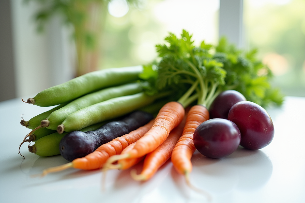 Composition de fruits et légumes avec carottes violettes et prunes Victoria