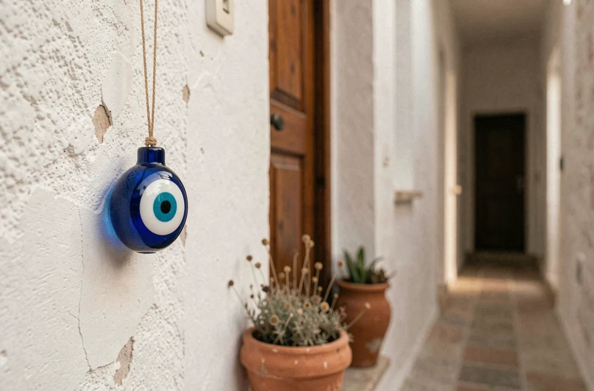 Oeil protecteur grec nazar boncuk suspendu près d'une porte d'entrée sur un mur méditerranéen blanchi à la chaux avec des pots en terre cuite
