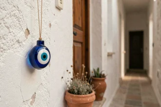 Oeil protecteur grec nazar boncuk suspendu près d'une porte d'entrée sur un mur méditerranéen blanchi à la chaux avec des pots en terre cuite