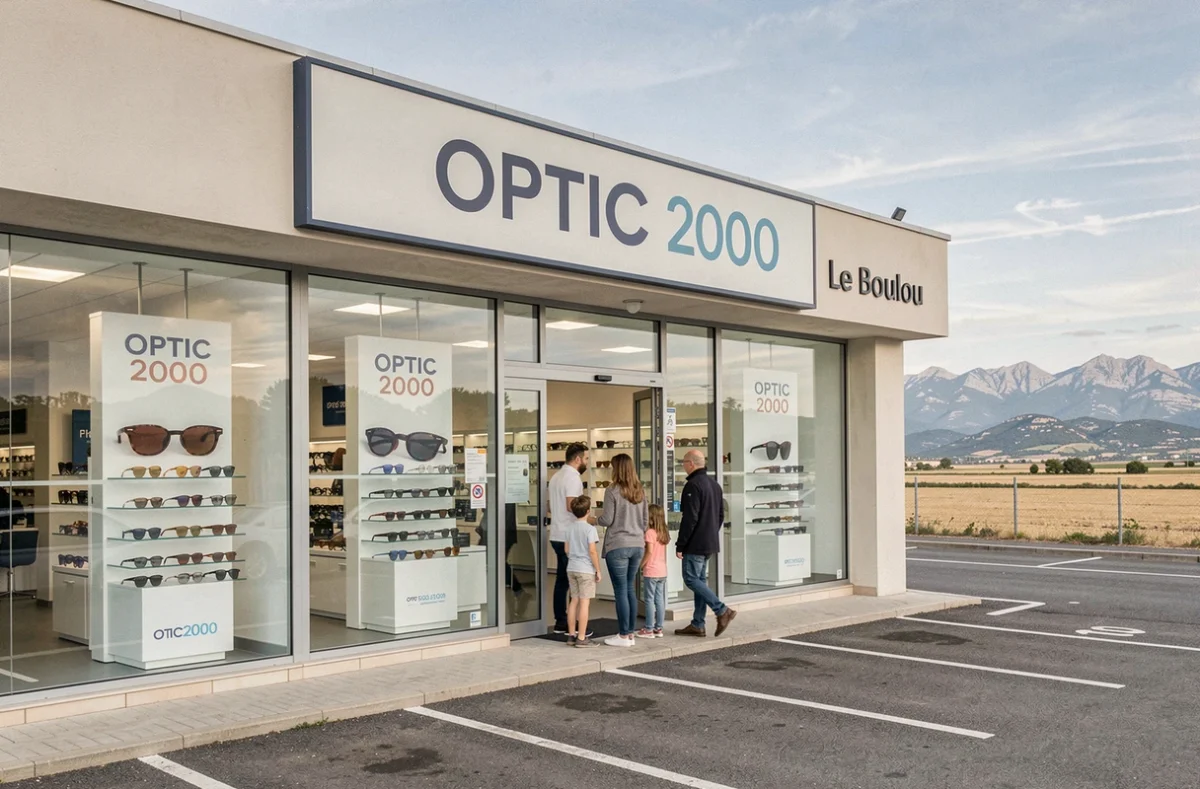 Devanture de l'enseigne Optic 2000 au Boulou avec une famille entrant dans la boutique et les contreforts des Pyrénées en arrière-plan