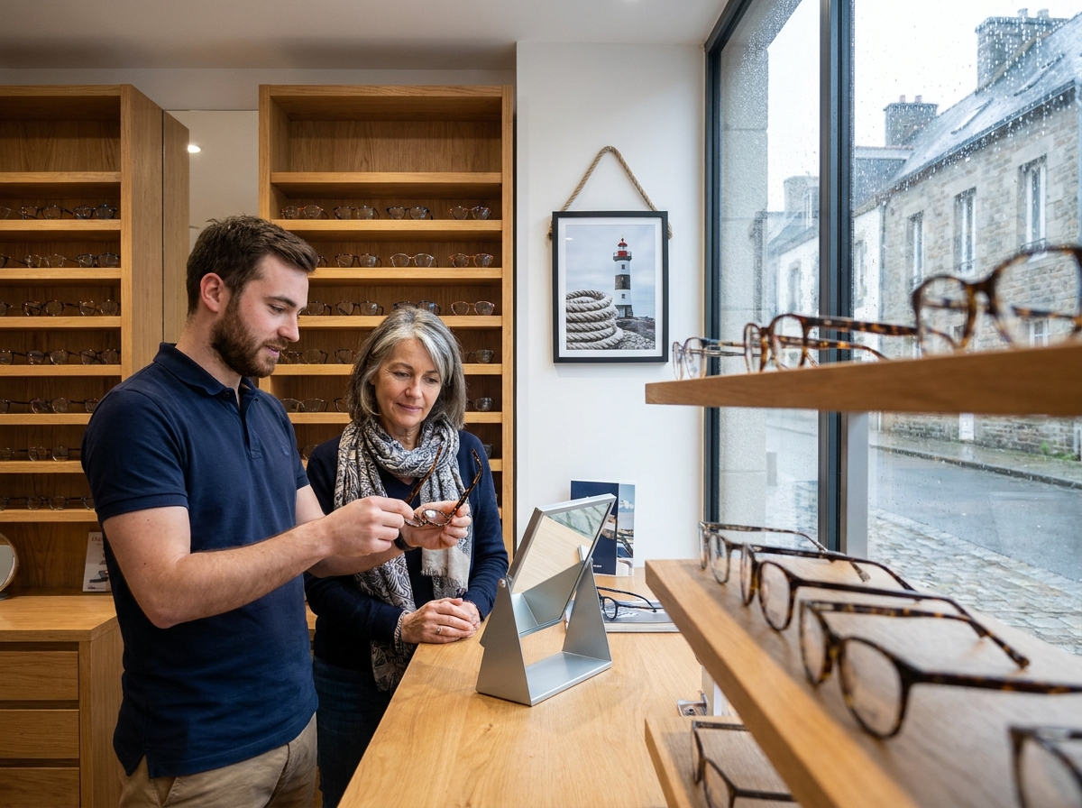 Opticien aidant une cliente à choisir des montures de lunettes dans une boutique d'optique en Bretagne