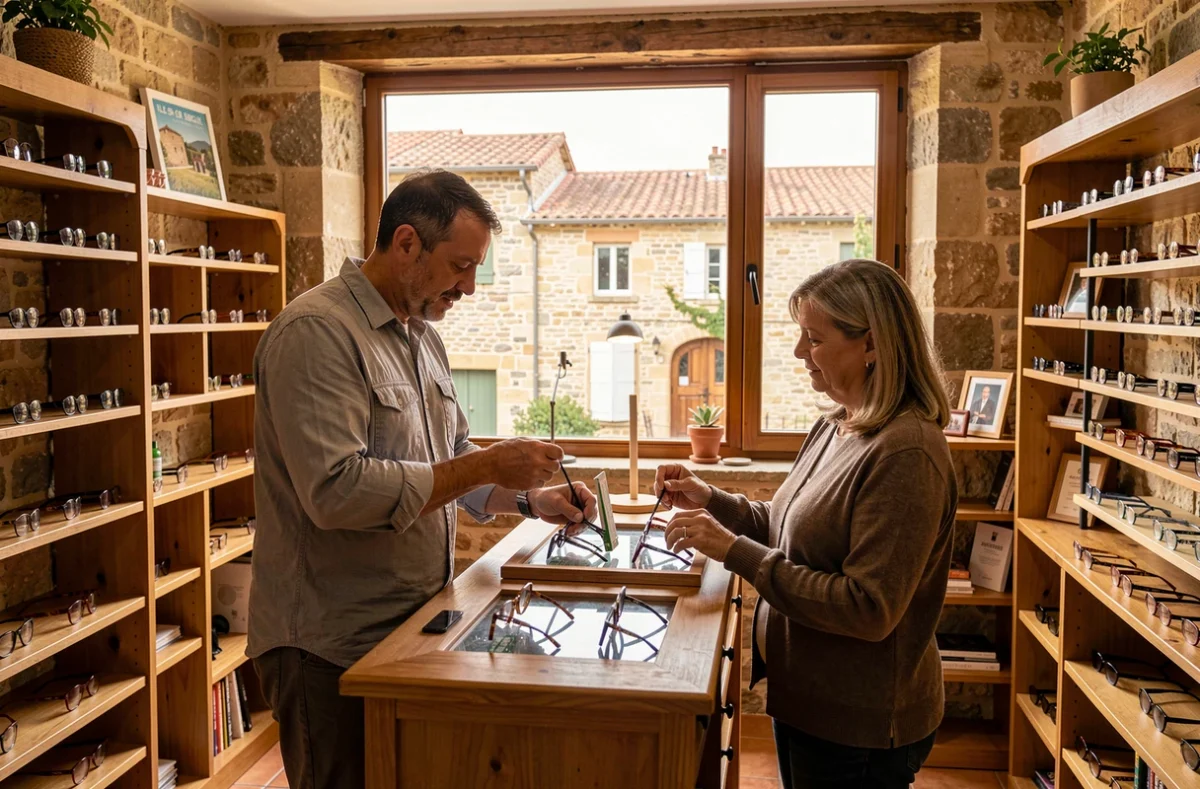 Opticien indépendant Optique Delhaye conseillant une cliente dans sa boutique à Ille-sur-Têt, cadre villageois catalan authentique