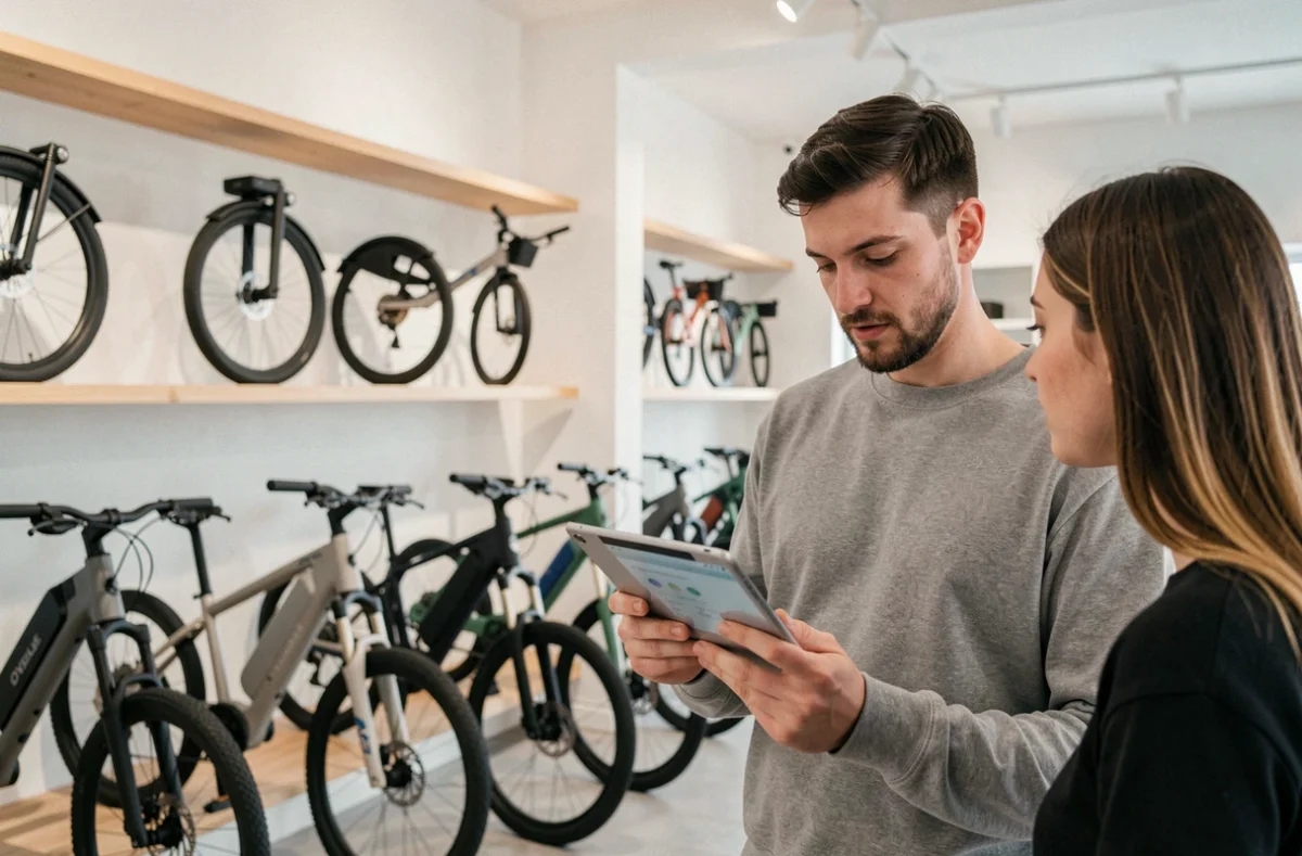 Conseiller OVELO Lille présentant les caractéristiques d'un vélo électrique urbain sur tablette