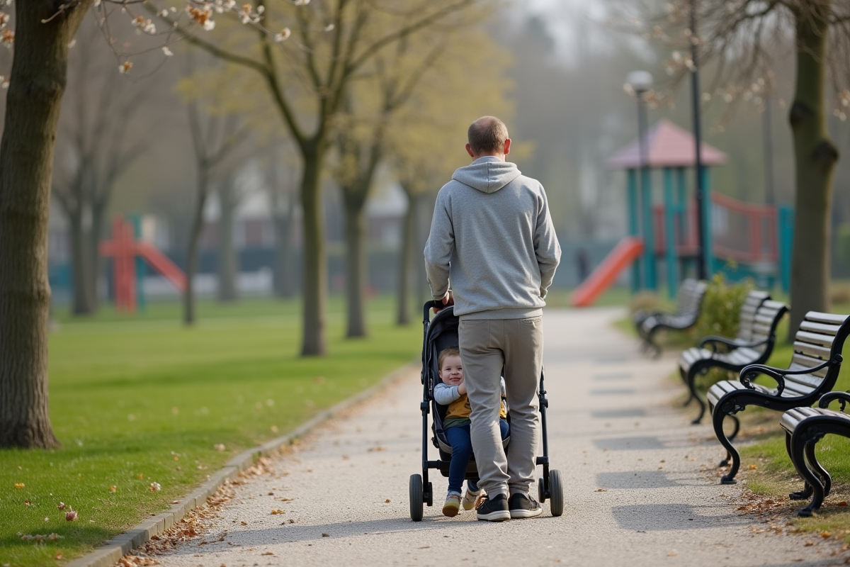 Père poussant son bébé en poussette dans le parc
