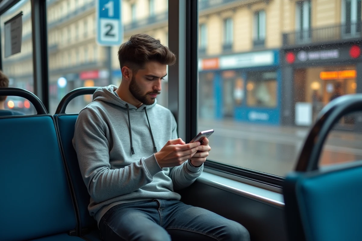 Passager dans un bus RATP à Paris consultant l'application de suivi de trafic en temps réel
