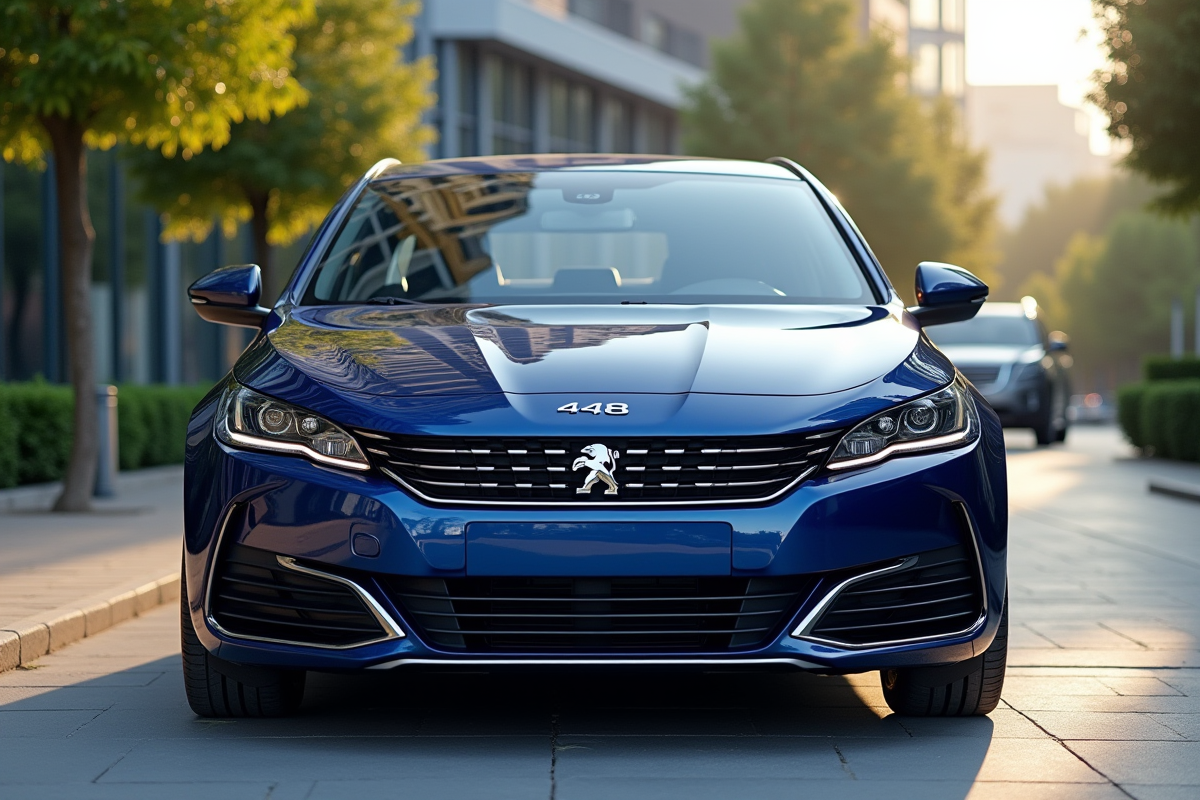 Peugeot 408 bleue en ville avec reflet de bâtiments modernes