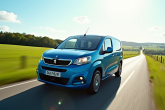 Peugeot Partner Tepee bleu en conduite sur route de campagne