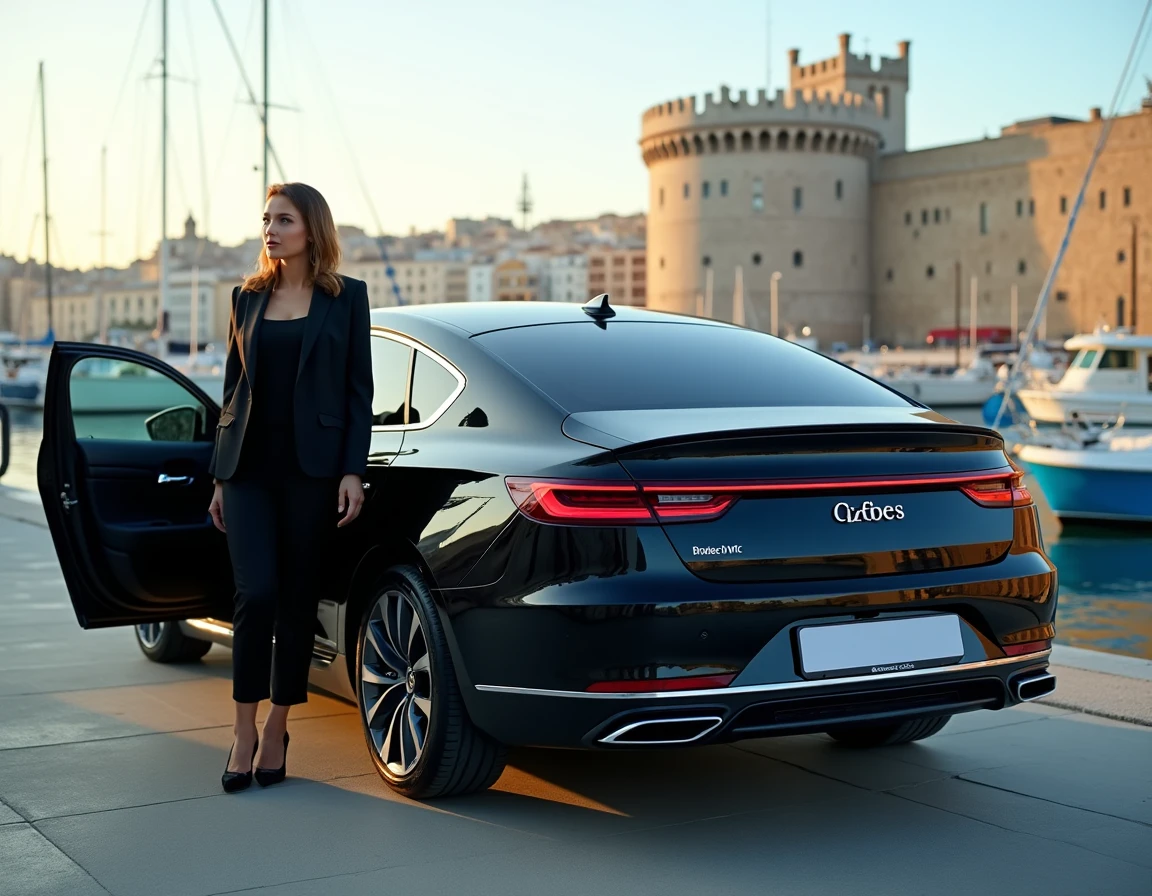 Chauffeure VTC de Phocea VTC en blazer noir ouvrant la portière d'une berline noire au bord du Vieux-Port de Marseille