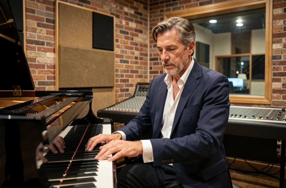 Pianiste français en studio d'enregistrement, assis devant un piano à queue Steinway, regard concentré et mains sur les touches