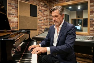 Pianiste français en studio d'enregistrement, assis devant un piano à queue Steinway, regard concentré et mains sur les touches