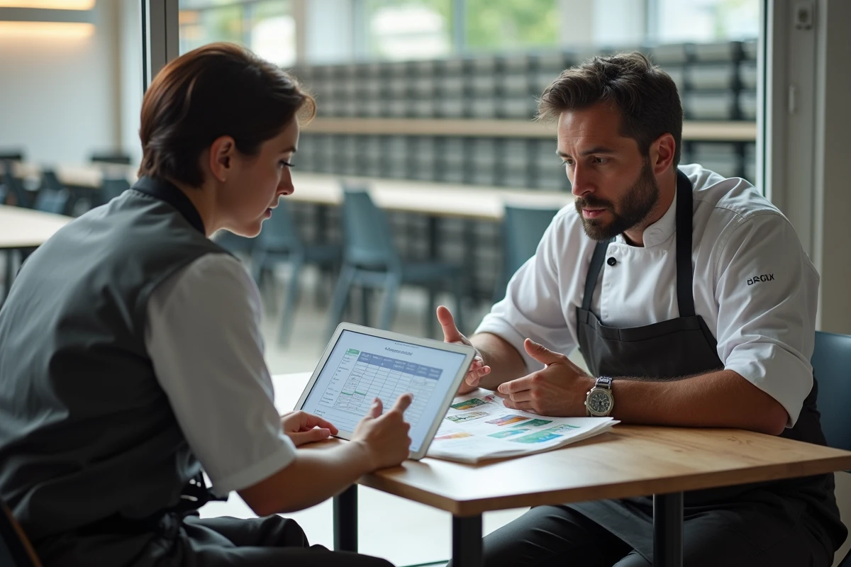 Deux professionnels de la restauration collective à Hyères planifiant les achats hebdomadaires autour d'un menu et d'une tablette numérique