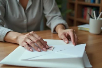 Femme collant un timbre prioritaire dans le coin supérieur droit d'une enveloppe blanche sur un bureau en bois