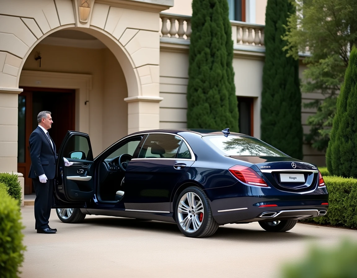 Chauffeur en gants blancs de Prestige Transfert tenant un panneau d'accueil devant une berline bleu foncé garée à l'entrée d'un hôtel cinq étoiles de Marseille