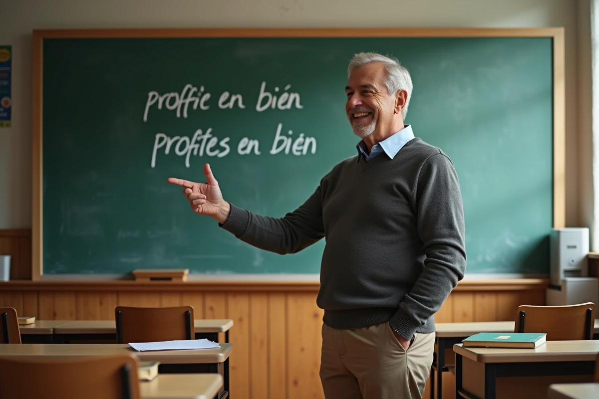 Professeur pointant des mots sur un tableau en classe