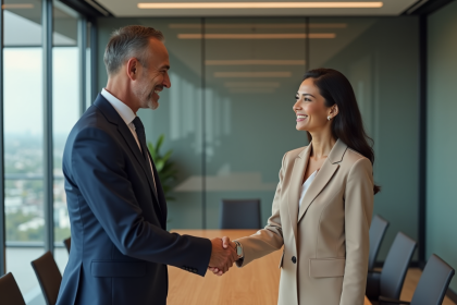 Deux professionnels d'affaires se serrant la main dans un bureau moderne